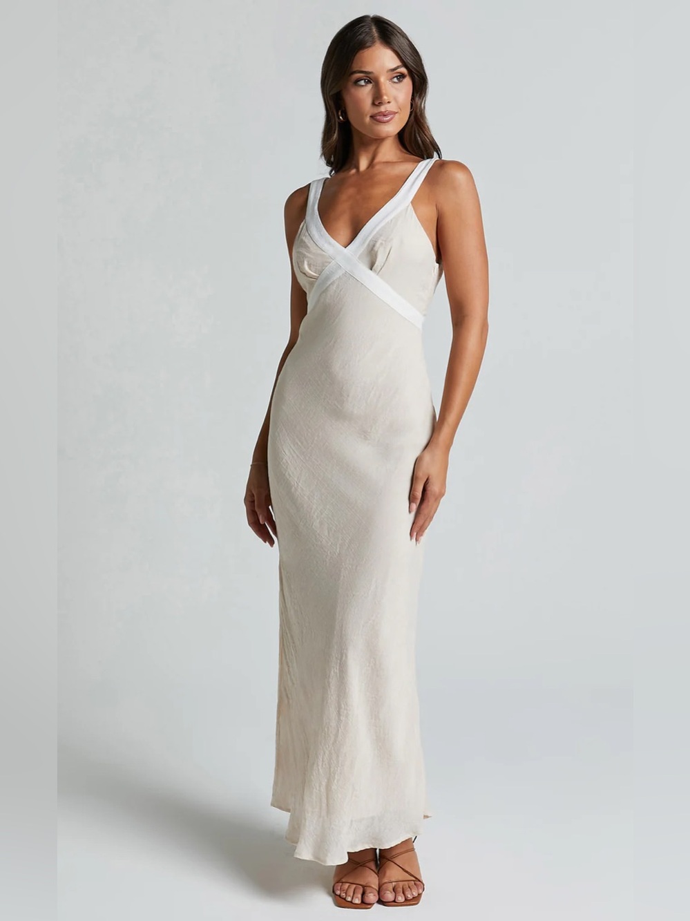 Showpo - CHAKYRA MIDI DRESS - CONTRAST STRAP BIAS CUT COLUMN DRESS IN BEIGE